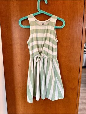 H&M Girls' Light Green and White Striped Tie-Waist Tank Dress